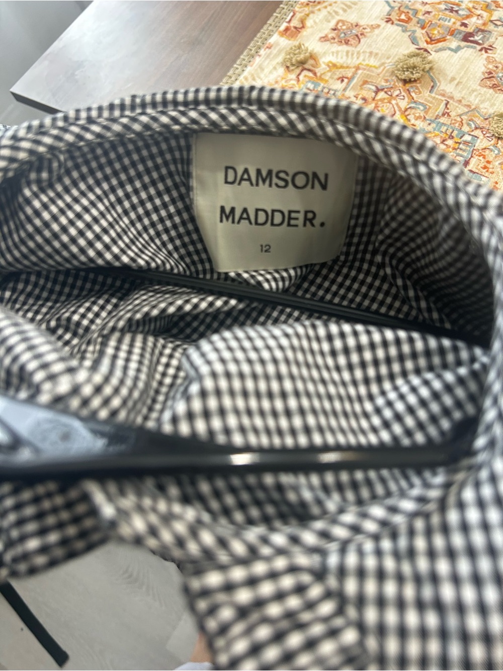 DAMSON MADDER Gingham Ruffle Collar Button-Down Blouse in Black and White - Picture 5 of 5
